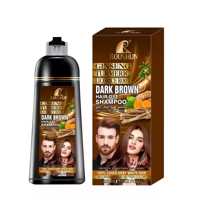 Roushun Ginsend Turmeric Licorice Root Dark Brown Hair Dye Shampoo 420ML